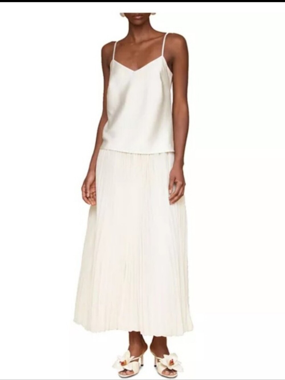 NWT Avec Les Filles Cream Pleated Maxi Dress Sz 14 Satin Cami Sleeveless Elegant